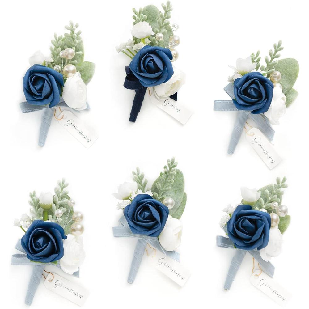 imageLings Moment Boutonniere for Men 6pcs Groom Groomsmen Boutonniere Artificial Flowers for Wedding DecorPromHomecoming etcWalnut BrownBlunavy Blue  Dark Blue