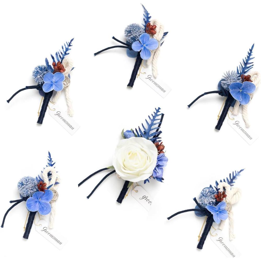 imageLings Moment Boutonniere for Men 6pcs Groom Groomsmen Boutonniere Artificial Flowers for Wedding DecorPromHomecoming etcWalnut BrownBlunavy Blue  White