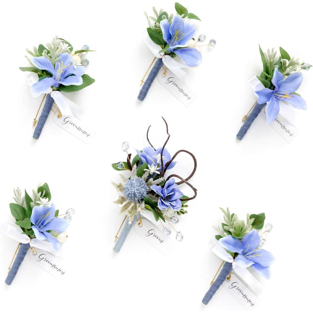 imageLings Moment Boutonniere for Men 6pcs Groom Groomsmen Boutonniere Artificial Flowers for Wedding DecorPromHomecoming etcWalnut BrownBluprovence Blue  Berry