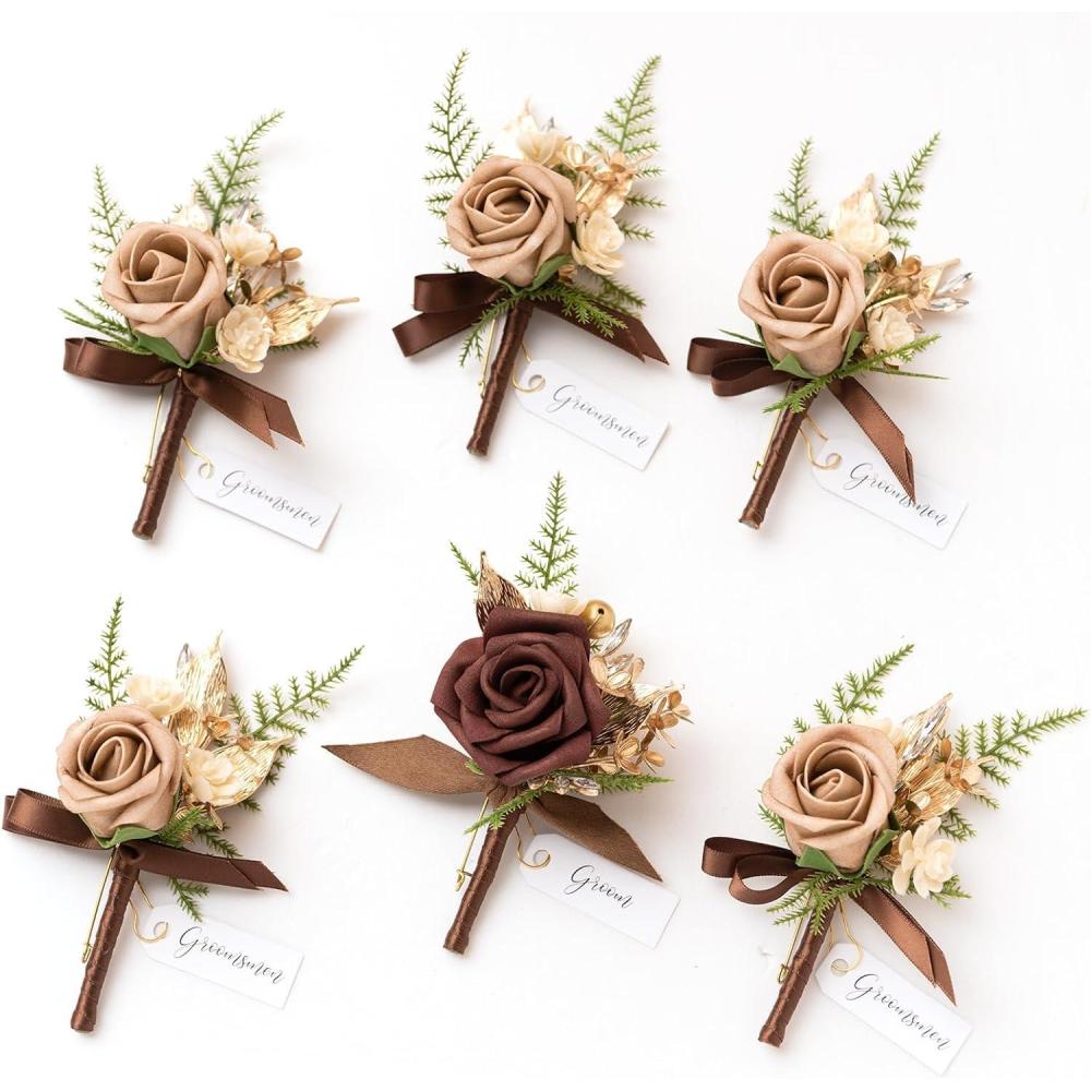 imageLings Moment Boutonniere for Men 6pcs Groom Groomsmen Boutonniere Artificial Flowers for Wedding DecorPromHomecoming etcWalnut BrownBrnwalnut Brown