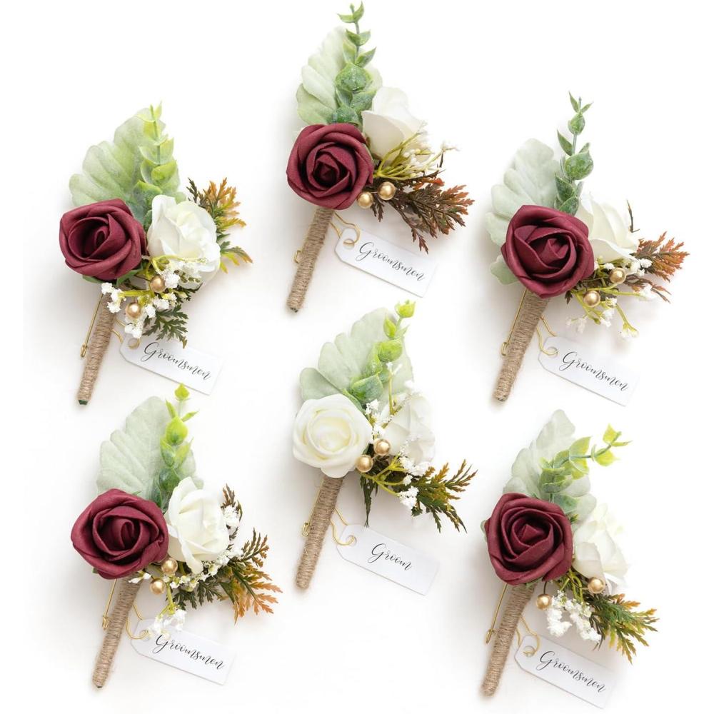 imageLings Moment Boutonniere for Men 6pcs Groom Groomsmen Boutonniere Artificial Flowers for Wedding DecorPromHomecoming etcWalnut BrownBurburgundy  White