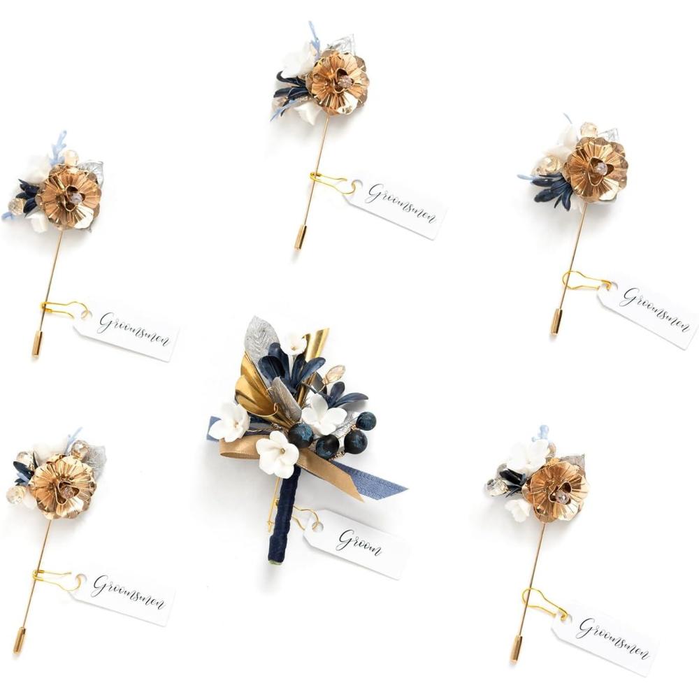 imageLings Moment Boutonniere for Men 6pcs Groom Groomsmen Boutonniere Artificial Flowers for Wedding DecorPromHomecoming etcWalnut BrownGldchampagne Gold  Navyblue
