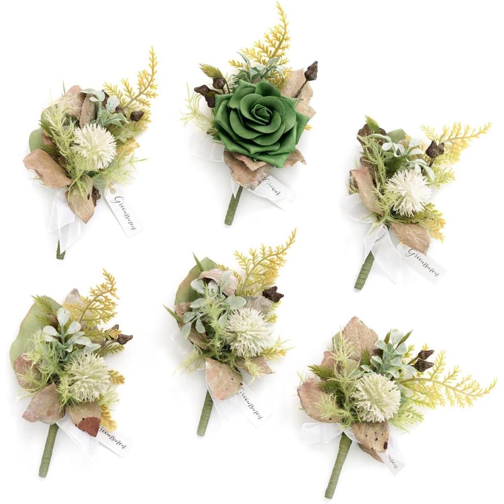 imageLings Moment Boutonniere for Men 6pcs Groom Groomsmen Boutonniere Artificial Flowers for Wedding DecorPromHomecoming etcWalnut BrownGrnemerald Green  Beige