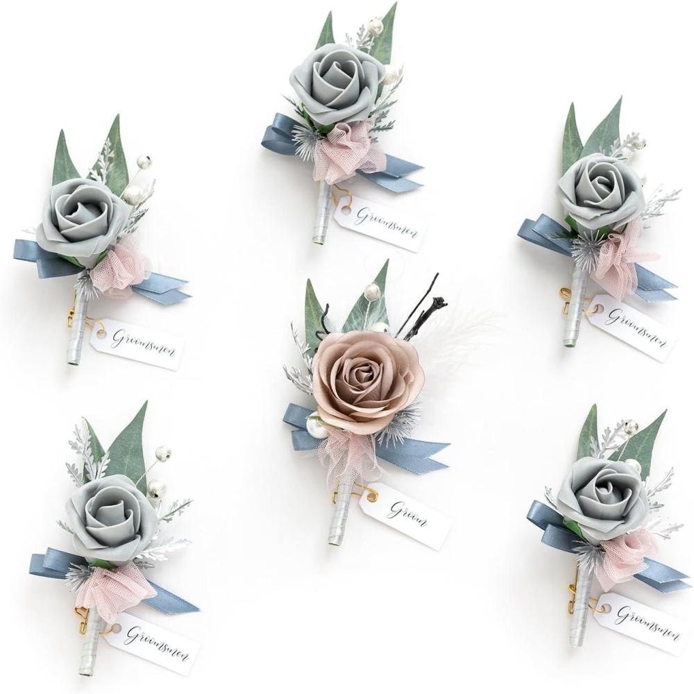 imageLings Moment Boutonniere for Men 6pcs Groom Groomsmen Boutonniere Artificial Flowers for Wedding DecorPromHomecoming etcWalnut BrownGrygray  Dusty Rose