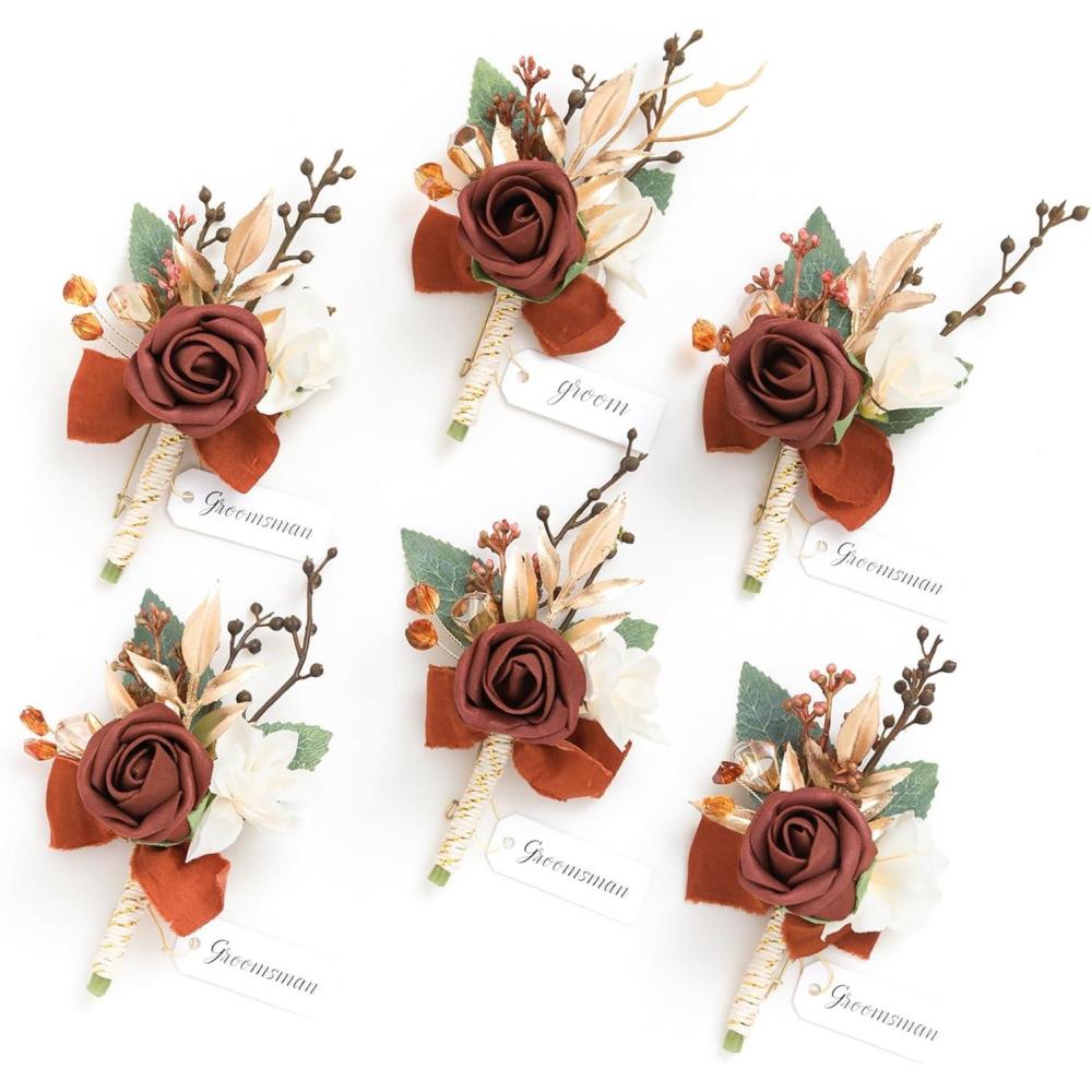 imageLings Moment Boutonniere for Men 6pcs Groom Groomsmen Boutonniere Artificial Flowers for Wedding DecorPromHomecoming etcWalnut BrownOrterracotta  Orange