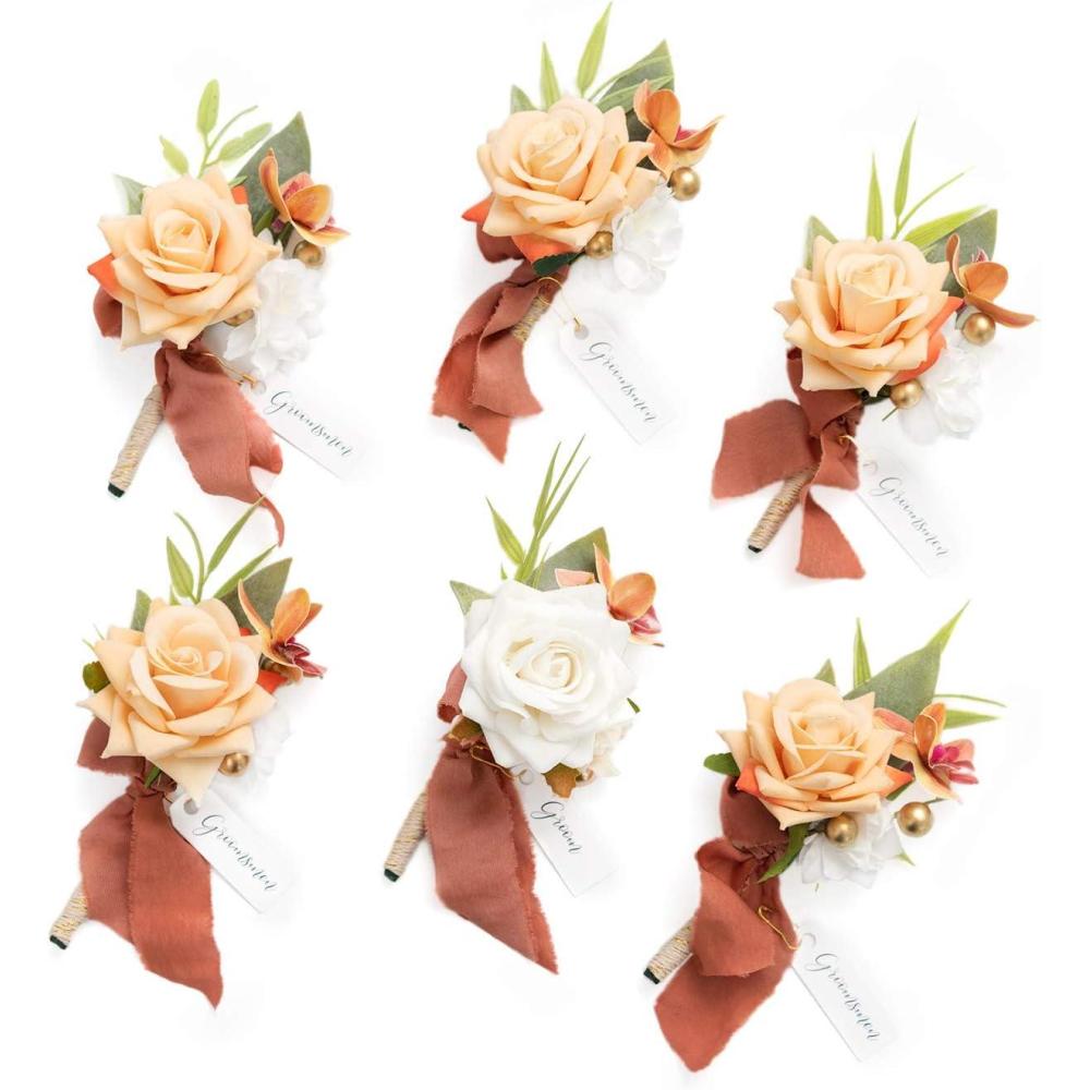imageLings Moment Boutonniere for Men 6pcs Groom Groomsmen Boutonniere Artificial Flowers for Wedding DecorPromHomecoming etcWalnut BrownOrterracotta  White