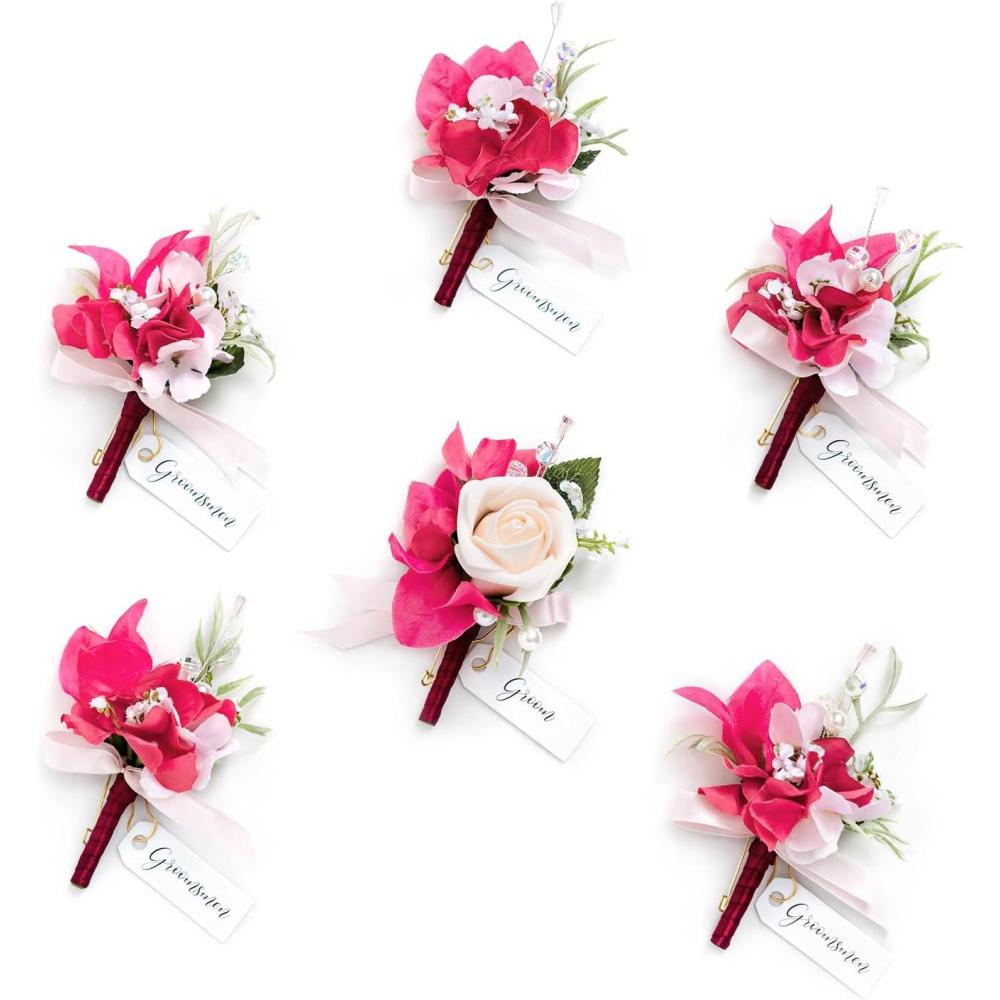 imageLings Moment Boutonniere for Men 6pcs Groom Groomsmen Boutonniere Artificial Flowers for Wedding DecorPromHomecoming etcWalnut BrownPkblush  Hot Pink