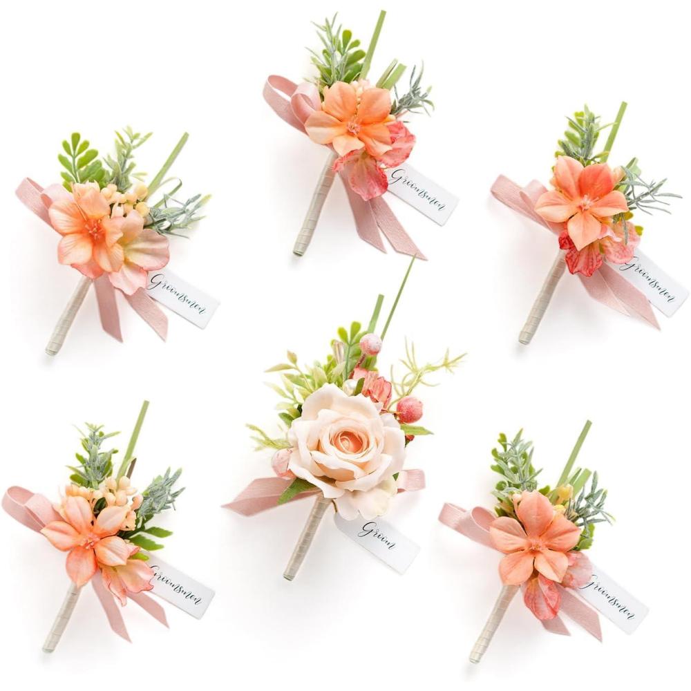 imageLings Moment Boutonniere for Men 6pcs Groom Groomsmen Boutonniere Artificial Flowers for Wedding DecorPromHomecoming etcWalnut BrownPkblush Garden  Pink