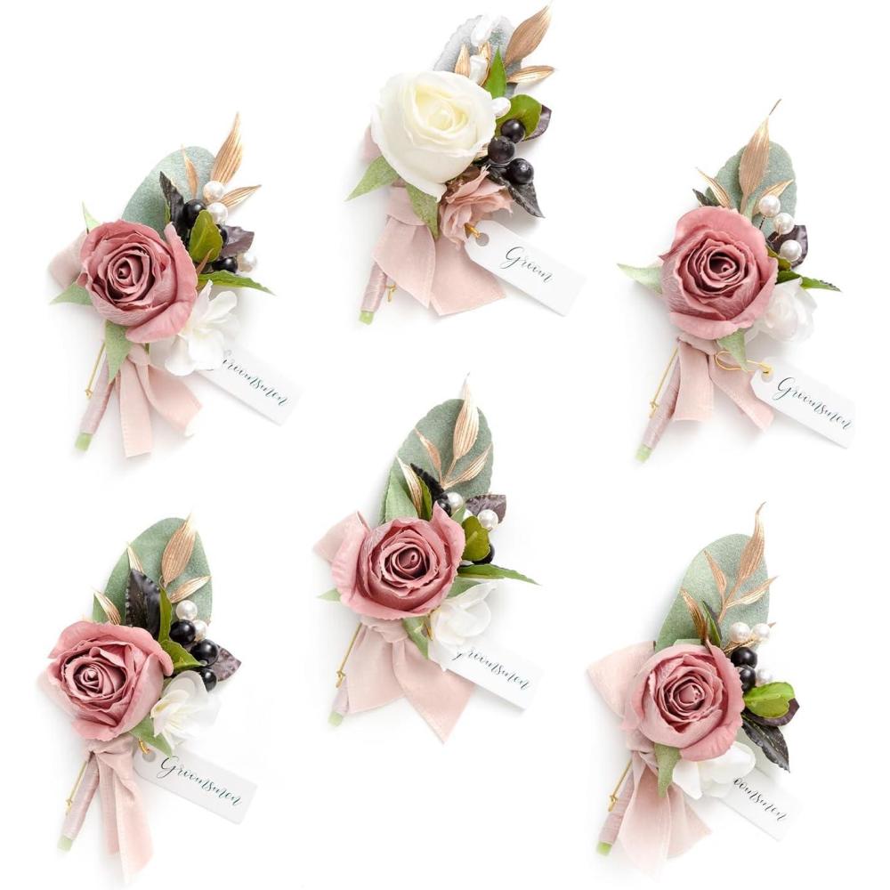 imageLings Moment Boutonniere for Men 6pcs Groom Groomsmen Boutonniere Artificial Flowers for Wedding DecorPromHomecoming etcWalnut BrownPkdusty Rose  Mauve