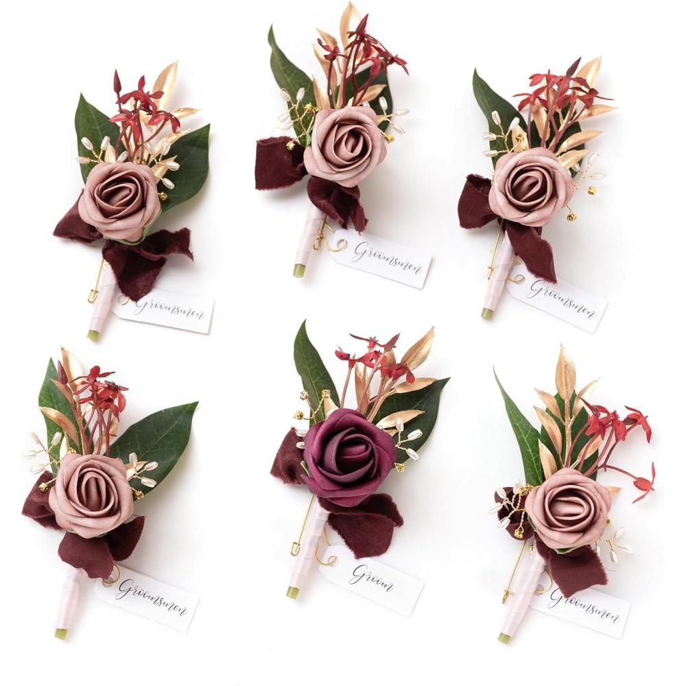 imageLings Moment Boutonniere for Men 6pcs Groom Groomsmen Boutonniere Artificial Flowers for Wedding DecorPromHomecoming etcWalnut BrownPkmarsala  Dusty Rose