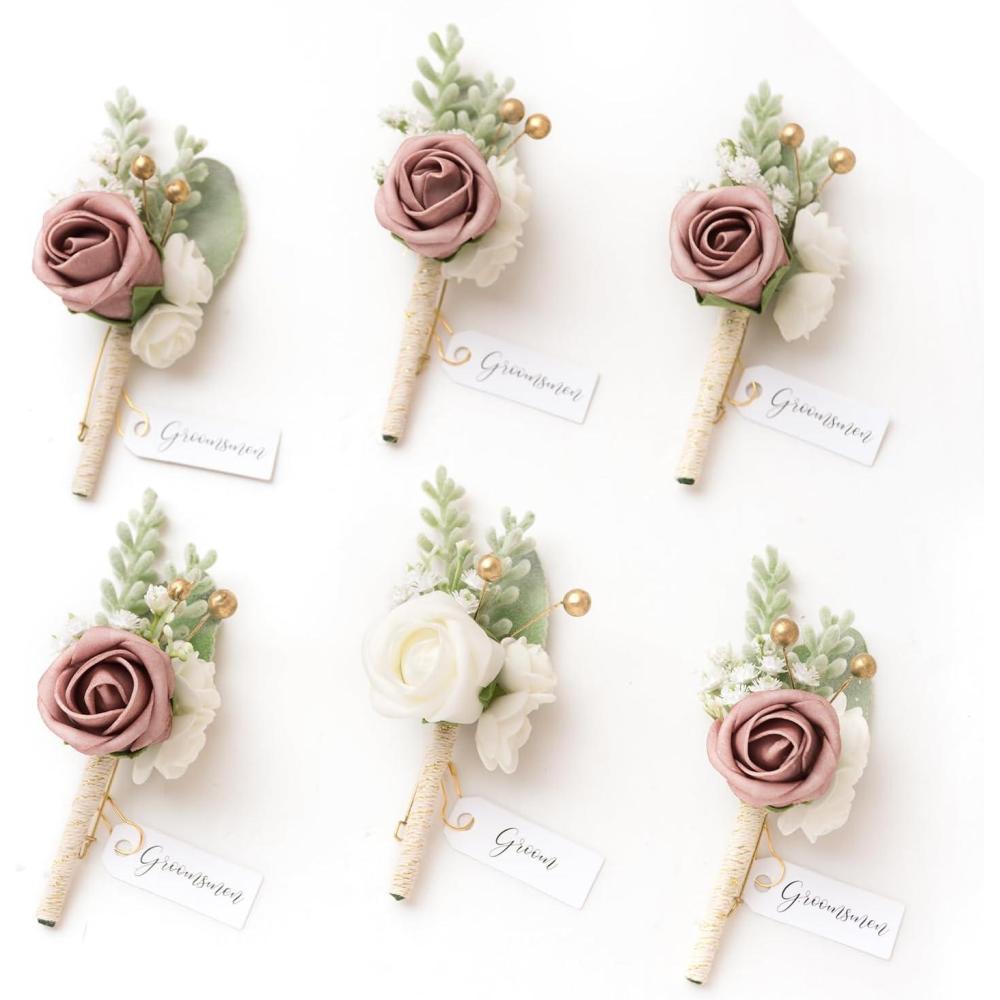 imageLings Moment Boutonniere for Men 6pcs Groom Groomsmen Boutonniere Artificial Flowers for Wedding DecorPromHomecoming etcWalnut BrownPkpink  Dusty Rose