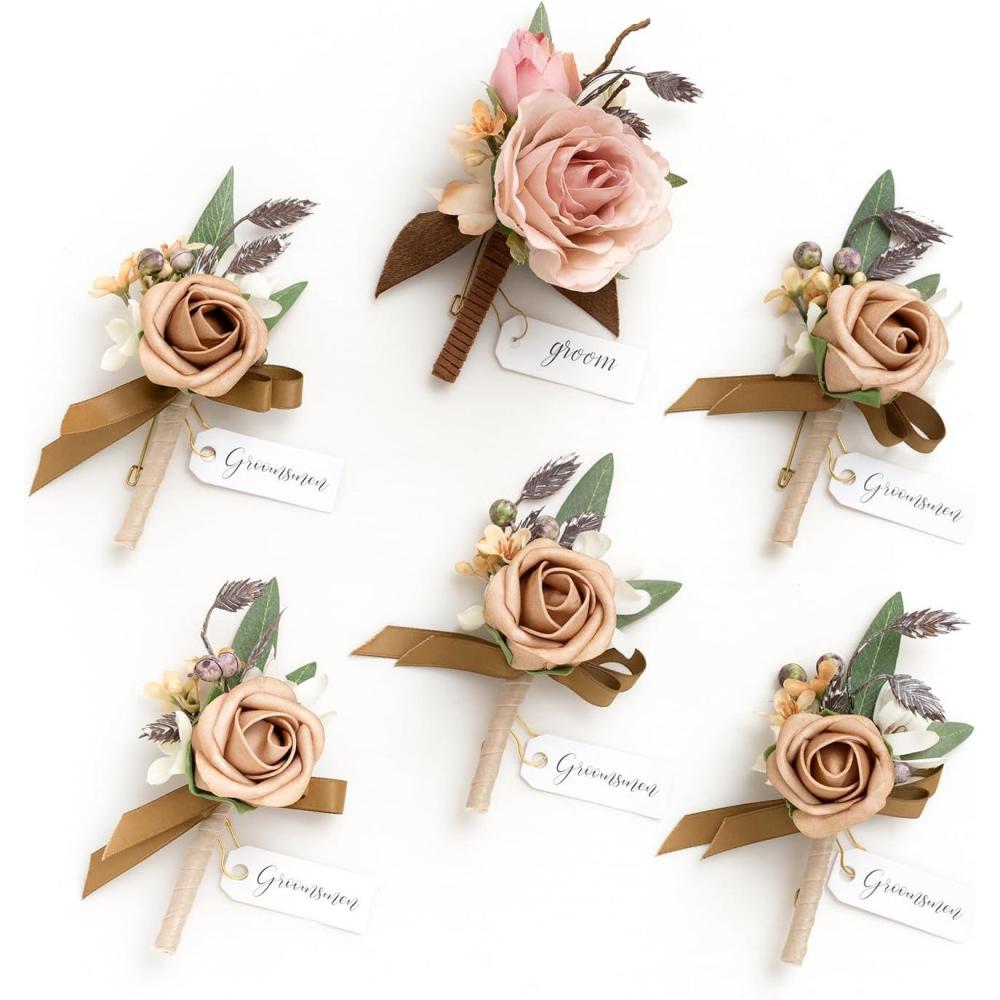 imageLings Moment Boutonniere for Men 6pcs Groom Groomsmen Boutonniere Artificial Flowers for Wedding DecorPromHomecoming etcWalnut BrownPkshabby Pink  Dusty Rose