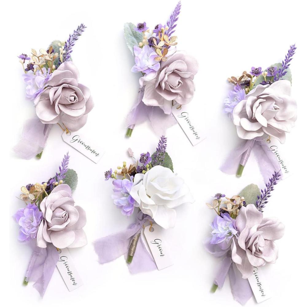 imageLings Moment Boutonniere for Men 6pcs Groom Groomsmen Boutonniere Artificial Flowers for Wedding DecorPromHomecoming etcWalnut BrownPrplpurple  Lilac Lavender