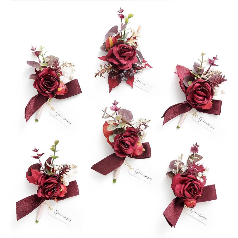 imageLings Moment Boutonniere for Men 6pcs Groom Groomsmen Boutonniere Artificial Flowers for Wedding DecorPromHomecoming etcWalnut BrownRedburgundy  Dusty Rose