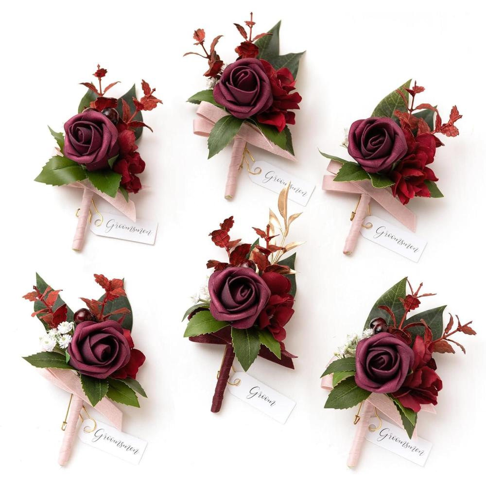 imageLings Moment Boutonniere for Men 6pcs Groom Groomsmen Boutonniere Artificial Flowers for Wedding DecorPromHomecoming etcWalnut BrownRedburgundy  Marsala