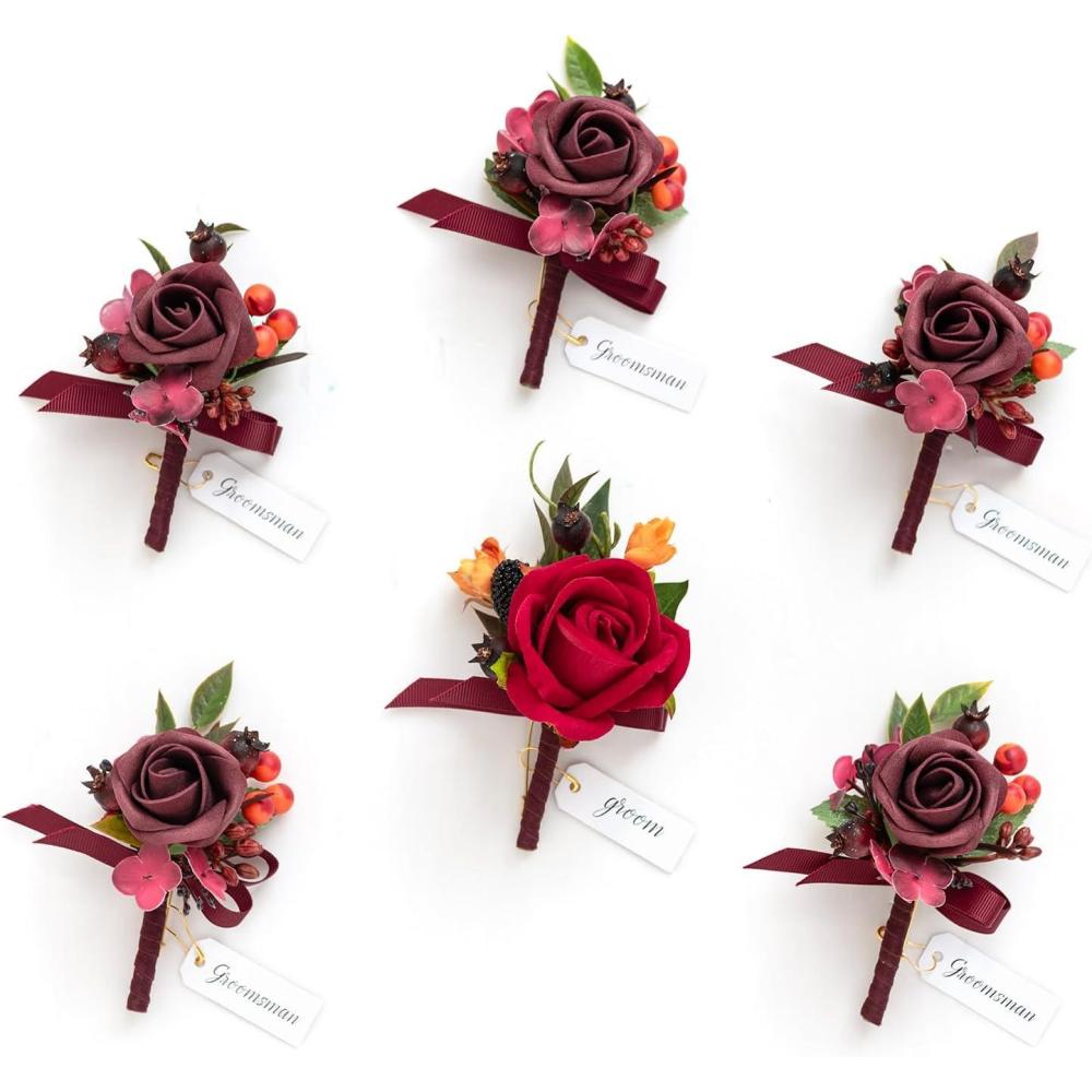 imageLings Moment Boutonniere for Men 6pcs Groom Groomsmen Boutonniere Artificial Flowers for Wedding DecorPromHomecoming etcWalnut BrownRedburgundy  Red
