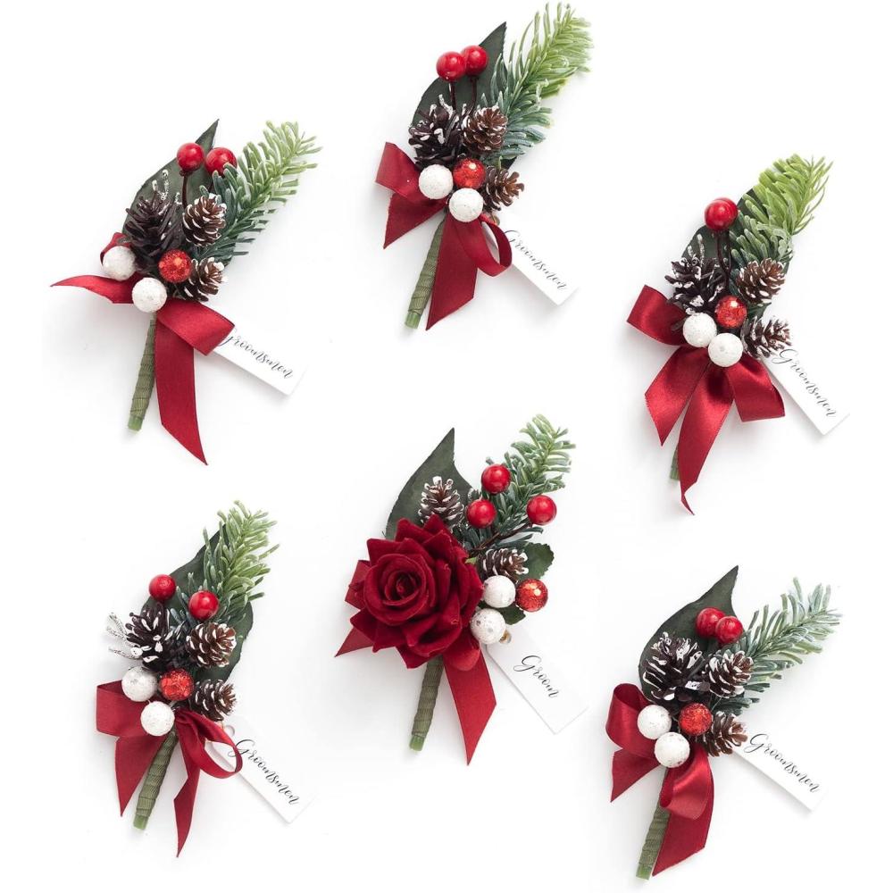 imageLings Moment Boutonniere for Men 6pcs Groom Groomsmen Boutonniere Artificial Flowers for Wedding DecorPromHomecoming etcWalnut BrownRedchristmas Red  Berry