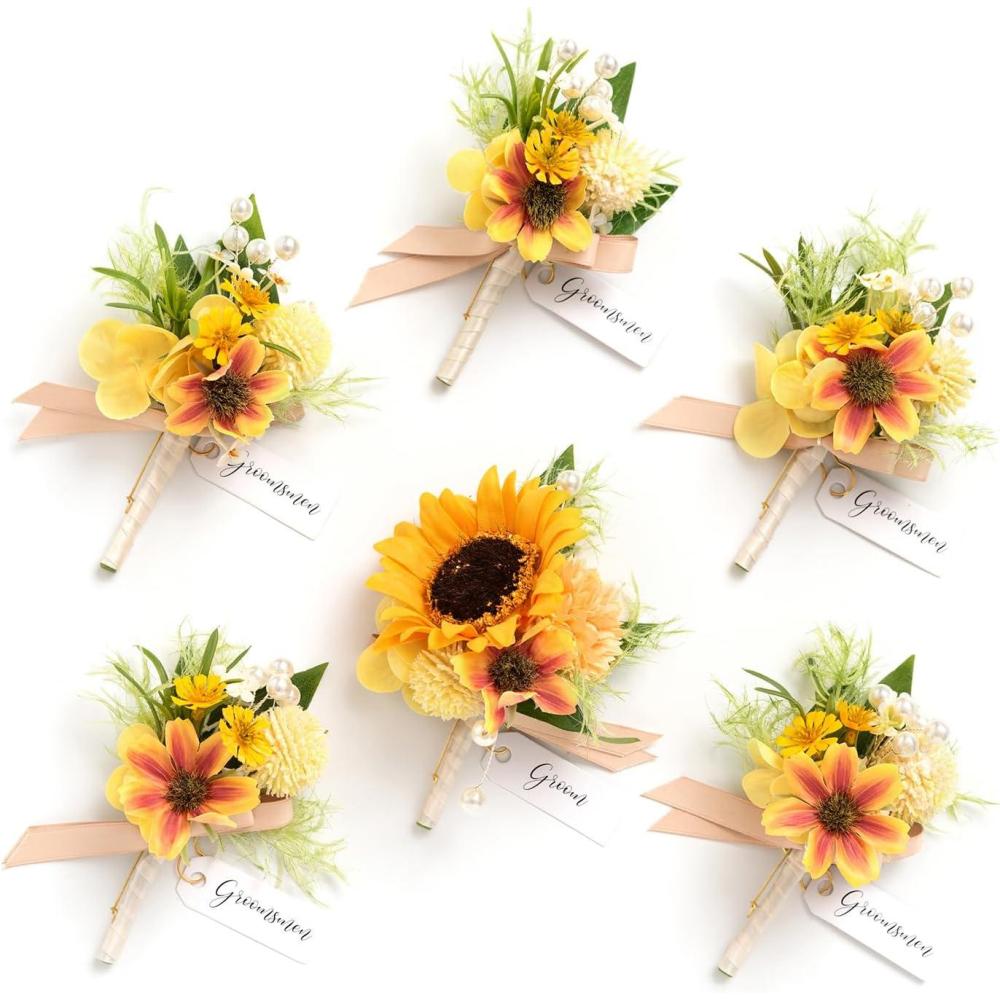 imageLings Moment Boutonniere for Men 6pcs Groom Groomsmen Boutonniere Artificial Flowers for Wedding DecorPromHomecoming etcWalnut BrownSunsunflower  Yellow