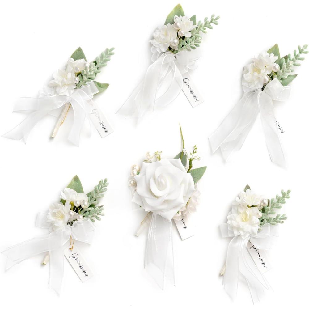 imageLings Moment Boutonniere for Men 6pcs Groom Groomsmen Boutonniere Artificial Flowers for Wedding DecorPromHomecoming etcWalnut BrownWhtsnow White