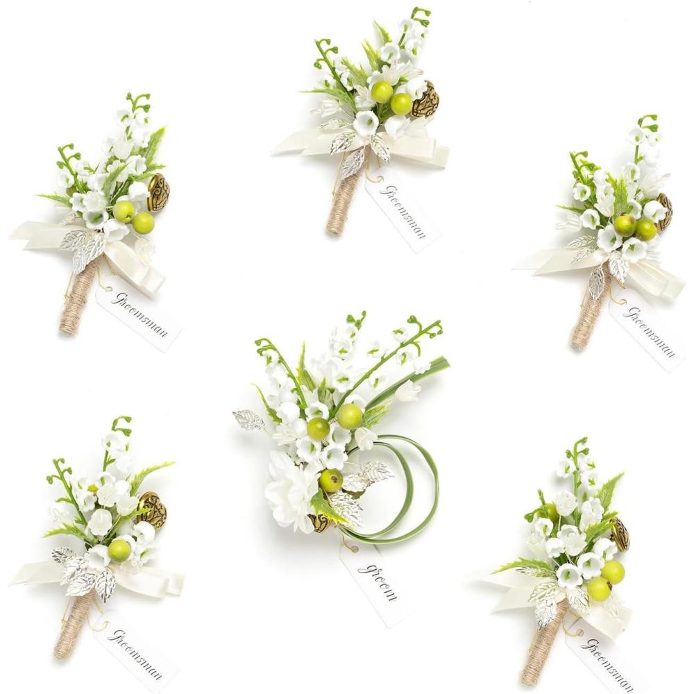 imageLings Moment Boutonniere for Men 6pcs Groom Groomsmen Boutonniere Artificial Flowers for Wedding DecorPromHomecoming etcWalnut BrownWhtwhite  Lily  Olive