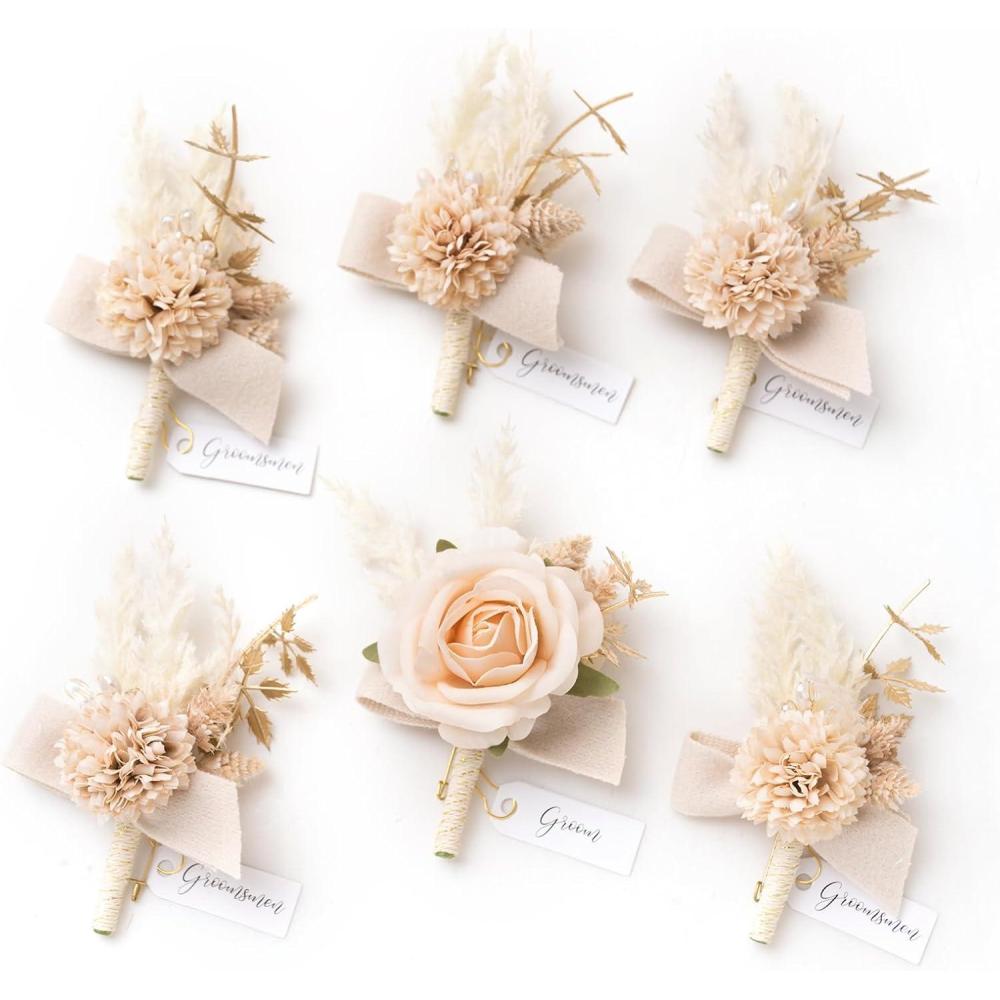 imageLings Moment Boutonniere for Men 6pcs Groom Groomsmen Boutonniere Artificial Flowers for Wedding DecorPromHomecoming etcWalnut BrownWhtwhite  Nude