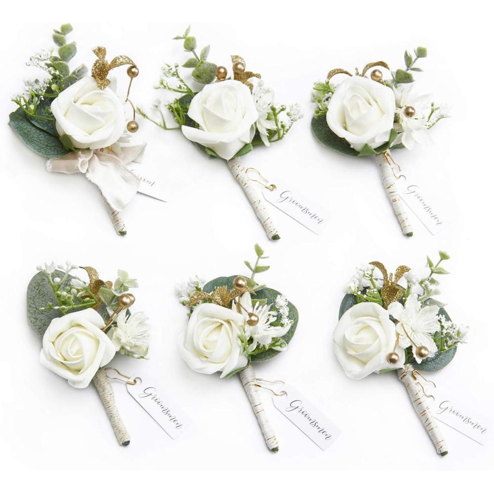 imageLings Moment Boutonniere for Men 6pcs Groom Groomsmen Boutonniere Artificial Flowers for Wedding DecorPromHomecoming etcWalnut BrownWhtwhite Baby Breath  Ivory