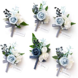imageLings Moment Boutonniere for Men 6pcs Groom Groomsmen Boutonniere Artificial Flowers for Wedding DecorPromHomecoming etcWalnut BrownBludusty Blue  Light Blue