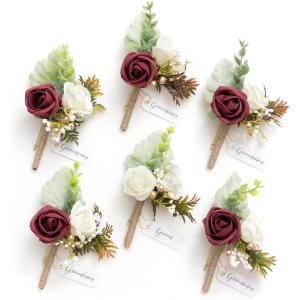 imageLings Moment Boutonniere for Men 6pcs Groom Groomsmen Boutonniere Artificial Flowers for Wedding DecorPromHomecoming etcWalnut BrownBurburgundy  White