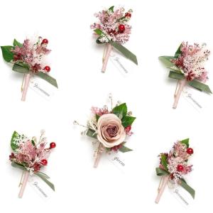imageLings Moment Boutonniere for Men 6pcs Groom Groomsmen Boutonniere Artificial Flowers for Wedding DecorPromHomecoming etcWalnut BrownPkcinnamon Rose  Pink
