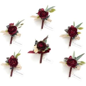 imageLings Moment Boutonniere for Men 6pcs Groom Groomsmen Boutonniere Artificial Flowers for Wedding DecorPromHomecoming etcWalnut BrownRedblack Baccara  Burgundy