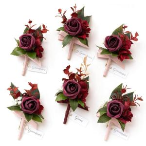imageLings Moment Boutonniere for Men 6pcs Groom Groomsmen Boutonniere Artificial Flowers for Wedding DecorPromHomecoming etcWalnut BrownRedburgundy  Marsala