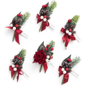 imageLings Moment Boutonniere for Men 6pcs Groom Groomsmen Boutonniere Artificial Flowers for Wedding DecorPromHomecoming etcWalnut BrownRedchristmas Red  Berry
