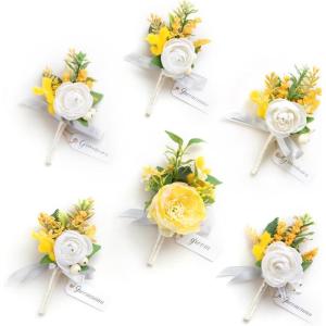 imageLings Moment Boutonniere for Men 6pcs Groom Groomsmen Boutonniere Artificial Flowers for Wedding DecorPromHomecoming etcWalnut BrownYlwyellow