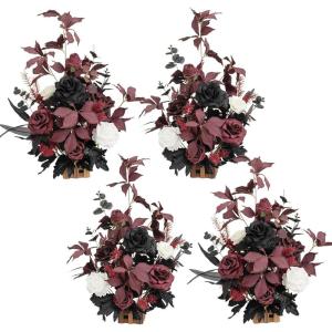 imageLings Moment 175quot Tall Standing Artificial Flowers Arrangements 4 pcs Fall Wedding Aisle Runner Chair Decorations White Beige Centerpieces for Ceremony Reception Rose Floral Party OutdoorBlack  Burgundy