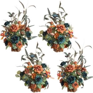 imageLings Moment 175quot Tall Standing Artificial Flowers Arrangements 4 pcs Fall Wedding Aisle Runner Chair Decorations White Beige Centerpieces for Ceremony Reception Rose Floral Party OutdoorTeal  Burnt Orange
