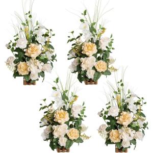imageLings Moment 175quot Tall Standing Artificial Flowers Arrangements 4 pcs Fall Wedding Aisle Runner Chair Decorations White Beige Centerpieces for Ceremony Reception Rose Floral Party OutdoorCreamy Yellow