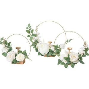 imageLings Moment Candle Holder Hoop Terracotta Wreath Floral Centerpieces for Sweetheart Table Head Table Ceremony Reception Artificial Flowers Decorations AssembledSet of 3White