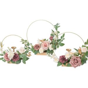 imageLings Moment Candle Holder Hoop Terracotta Wreath Floral Centerpieces for Sweetheart Table Head Table Ceremony Reception Artificial Flowers Decorations AssembledSet of 3Mauve  Dusty Rose