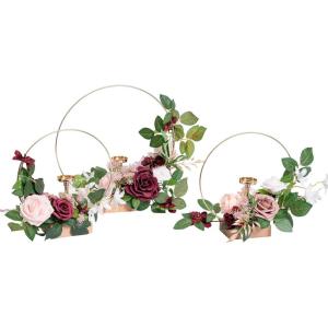imageLings Moment Candle Holder Hoop Terracotta Wreath Floral Centerpieces for Sweetheart Table Head Table Ceremony Reception Artificial Flowers Decorations AssembledSet of 3Marsala  Dusty Rose