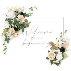 imageLings Moment 2 Wedding Artificial Sign Flower Swag Arch Floral Garlands Gold Champagne Christmas for Ceremony Party Reception Entrance Welcome Easel Door Backdrop Decor Wall Home Entryway OutdoorGrnemerald  Tawy Beige