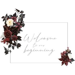 imageLings Moment 2 Wedding Artificial Sign Flower Swag Arch Floral Garlands Gold Champagne Christmas for Ceremony Party Reception Entrance Welcome Easel Door Backdrop Decor Wall Home Entryway OutdoorRed Black  Burgundy