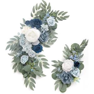 imageLings Moment 2 Wedding Artificial Sign Flower Swag Arch Floral Garlands Gold Champagne Christmas for Ceremony Party Reception Entrance Welcome Easel Door Backdrop Decor Wall Home Entryway OutdoorBlu Dusty Blue  Navy