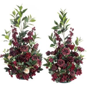 imageLings Moment 410quot Tall FreeStanding Wedding Aisle Artificial Flowers for Ceremony Decor 2PCS Emerald ampamp Gold Walkway Fake Floral Chair Markers Faux Rose Altar Arch Arrangement Decorations OutdoorBordeaux Red