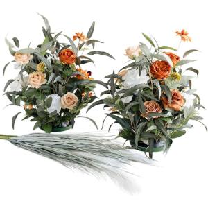 imageLings Moment 410quot Tall FreeStanding Wedding Aisle Artificial Flowers for Ceremony Decor 2PCS Emerald ampamp Gold Walkway Fake Floral Chair Markers Faux Rose Altar Arch Arrangement Decorations OutdoorOrburnt Orange  Green