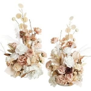 imageLings Moment 410quot Tall FreeStanding Wedding Aisle Artificial Flowers for Ceremony Decor 2PCS Emerald ampamp Gold Walkway Fake Floral Chair Markers Faux Rose Altar Arch Arrangement Decorations OutdoorWhtwhite  Beige