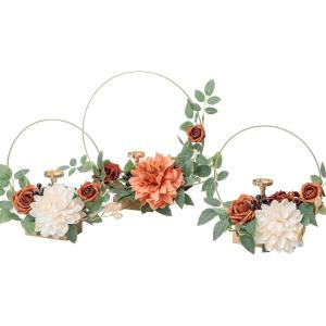 imageLings Moment Candle Holder Hoop Wreath Floral Centerpieces for Sweetheart Table Head Table Ceremony Reception Artificial Flowers Wedding Decorations Set of 3 Dusty RoseTerracotta