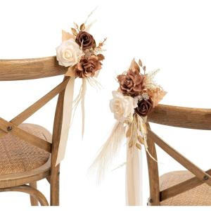 imageLings Moment 8pcs Wedding Aisle Chair Decorations Artificial Pew Flowers Markers Arrangements with Cards Chiffon Ribbons Rust ampamp Sepia Ceremony Chair Back Floral Decor Reception Church Party OutdoorRust  Sepia