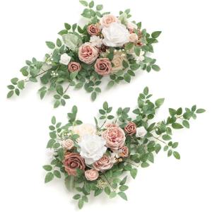 imageLings Moment 2PCS Green Artificial Flower Garland Floral Swags Centerpieces White Wedding Arch Flower Greenery for Sweetheart Table Wall Window Home Garden Outdoor Decor Emerald ampamp Tawny BeigePkdusty Rose