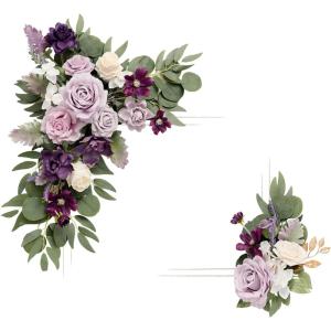 imageLings Moment 2pcs Artificial Welcome Sign Swag Wedding Arch Flowers Decorations Floral Eucalyptus Willow Garland Dusty Blue ampamp Navy Rose Ceremony Party Reception Easel Door Wall Home Entryway OutdoorPr Lilac  Gold