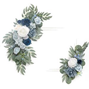 imageLings Moment 2pcs Artificial Welcome Sign Swag Wedding Arch Flowers Decorations Floral Eucalyptus Willow Garland Dusty Blue ampamp Navy Rose Ceremony Party Reception Easel Door Wall Home Entryway OutdoorBlu Dusty Blue  Navy